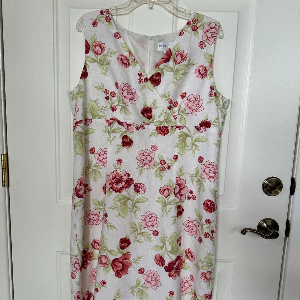 Real Comfort Chadwicks Womens Linen Dress White Floral Red, Green, Size: 16, EUC